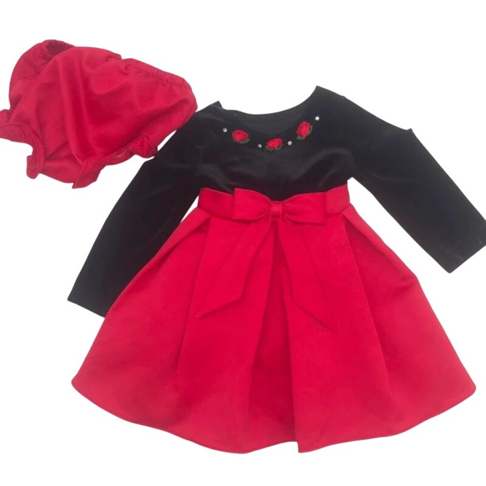 Velvet Rose Holiday Dress & Bloomers Unknown Red Black Dress Infant 18M